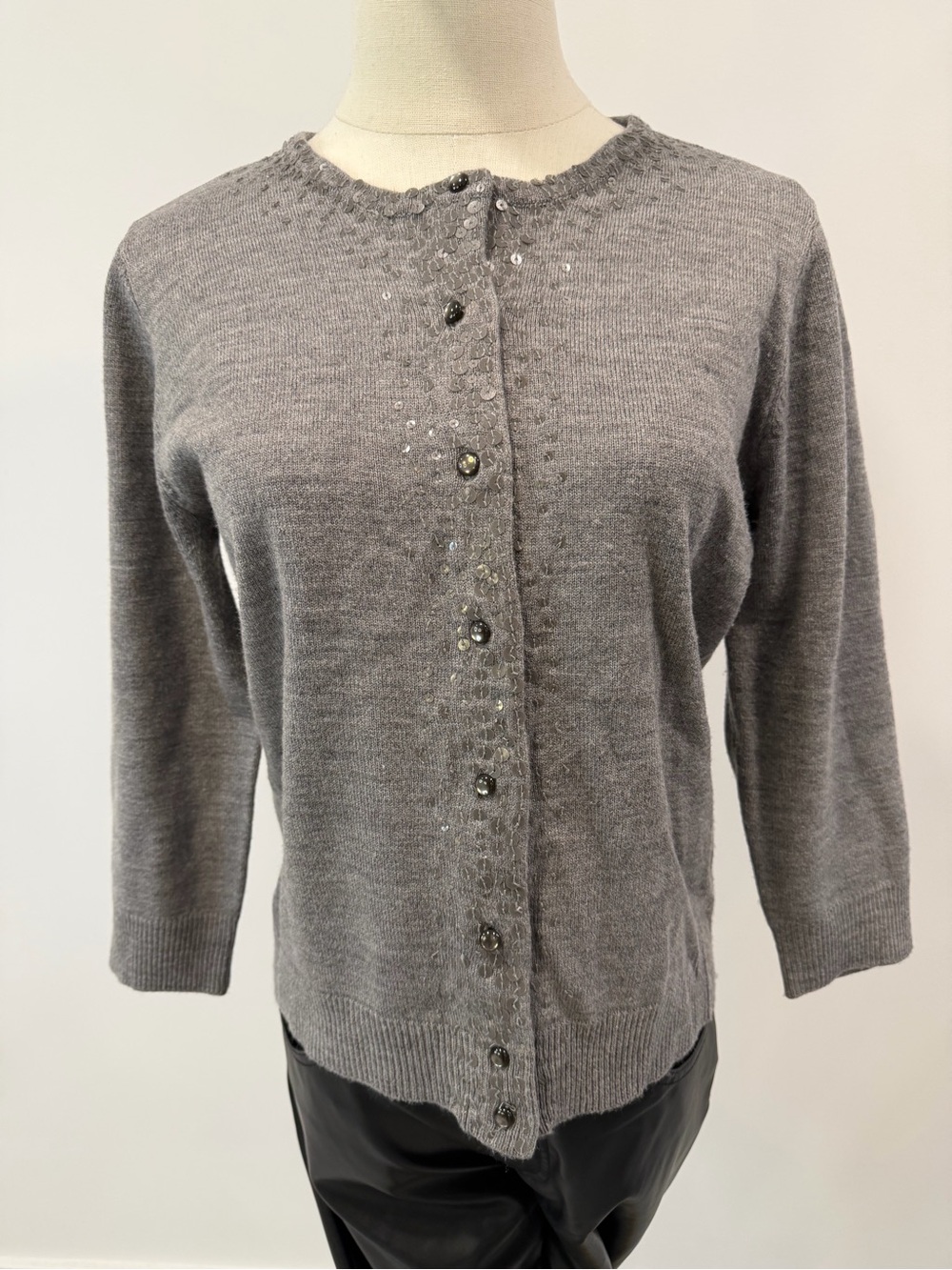 New York & Company Gray Sequin-Trim Button Cardigan